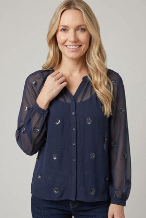 Navy | Sheer Sequin Embellished Blouse
