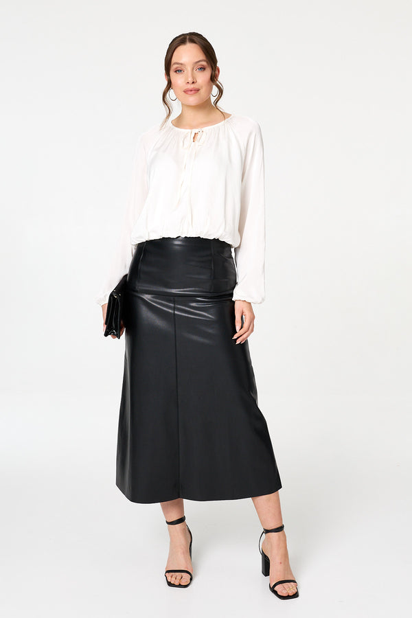 Cream | Tie Front Long Sleeve Bubble Hem Blouse