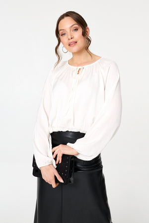 Cream | Tie Front Long Sleeve Bubble Hem Blouse