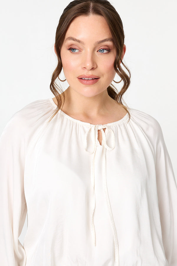 Cream | Tie Front Long Sleeve Bubble Hem Blouse