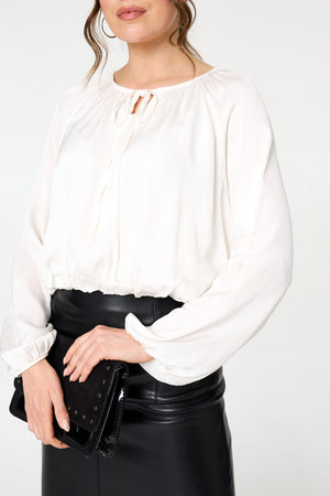 Cream | Tie Front Long Sleeve Bubble Hem Blouse
