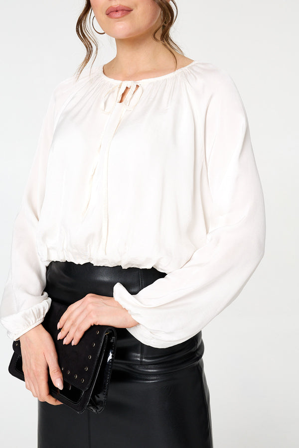 Cream | Tie Front Long Sleeve Bubble Hem Blouse