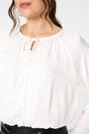 Cream | Tie Front Long Sleeve Bubble Hem Blouse