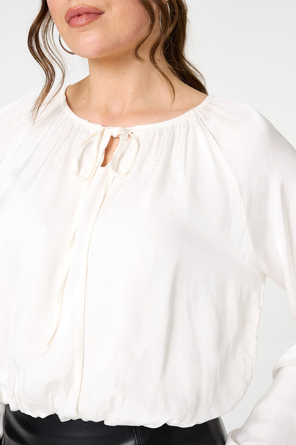 Cream | Tie Front Long Sleeve Bubble Hem Blouse
