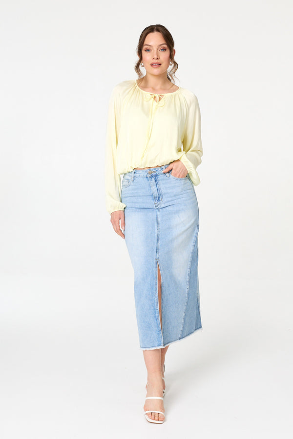 Yellow | Tie Front Long Sleeve Bubble Hem Blouse
