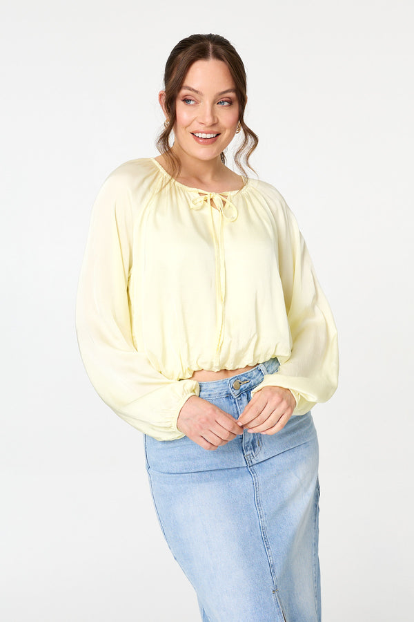 Yellow | Tie Front Long Sleeve Bubble Hem Blouse : Model is 5'9"/175 cm and wears UK8/EU36/US4/AUS8