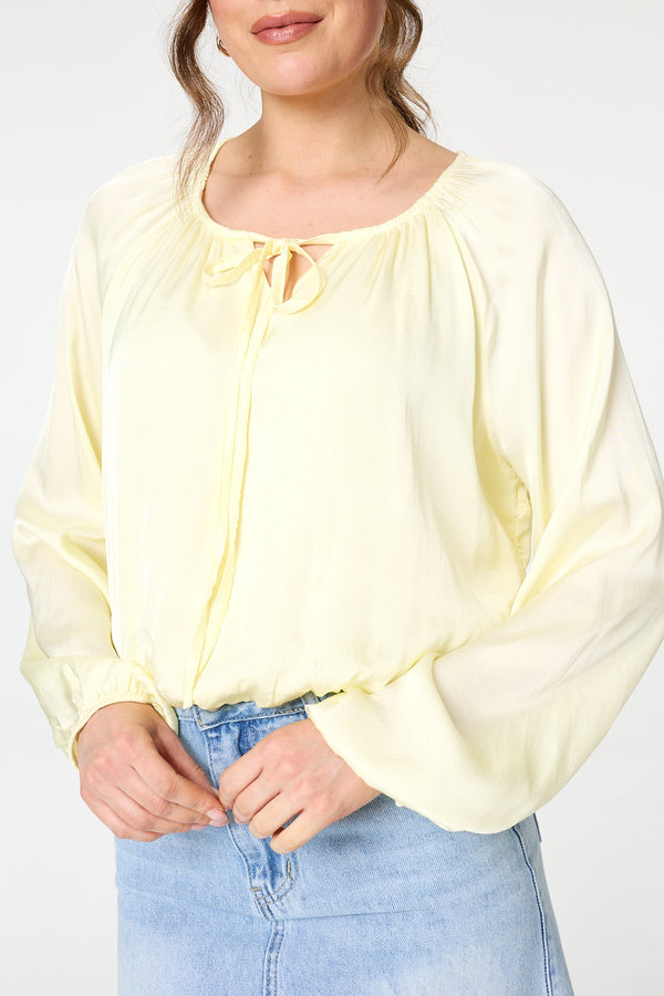 Yellow | Tie Front Long Sleeve Bubble Hem Blouse