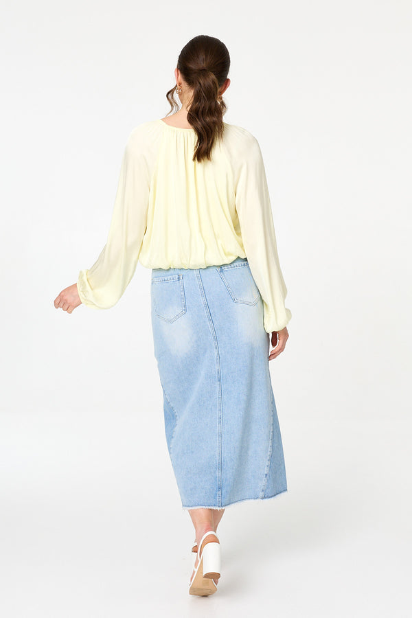 Yellow | Tie Front Long Sleeve Bubble Hem Blouse