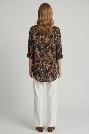 Navy | Printed V-Neck 3/4 Sleeve Relaxed Blouse