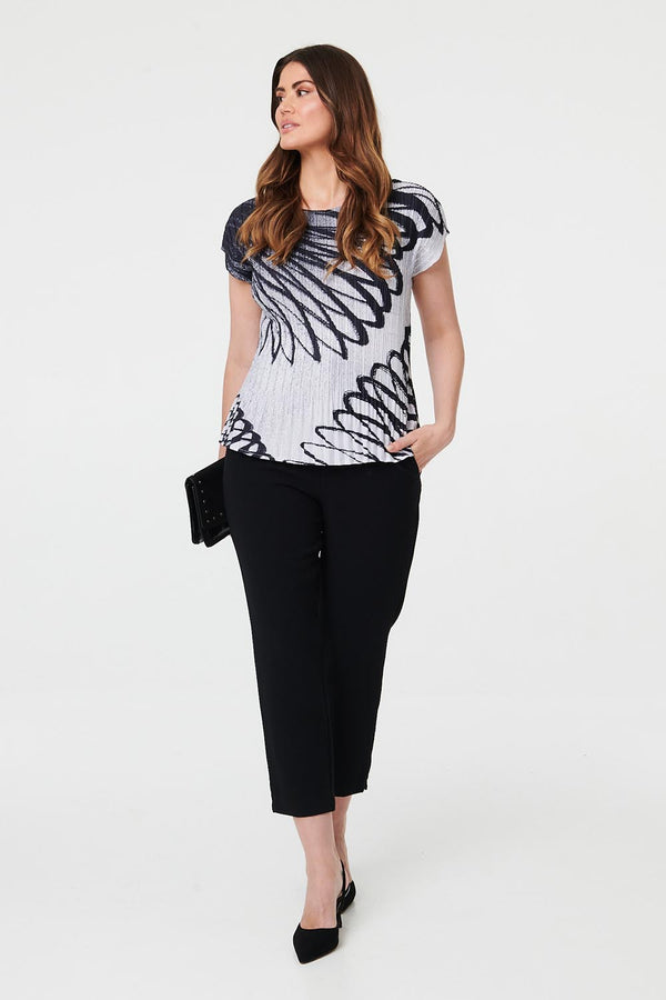 Black | Printed Cap Sleeve Pleated Top