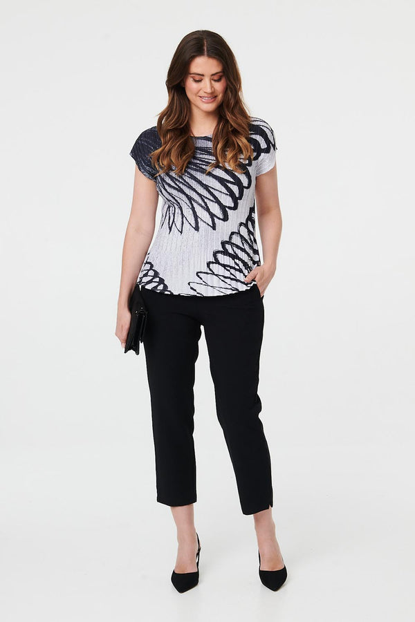 Black | Printed Cap Sleeve Pleated Top