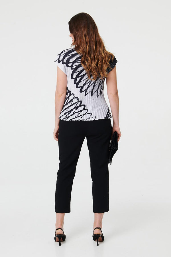 Black | Printed Cap Sleeve Pleated Top