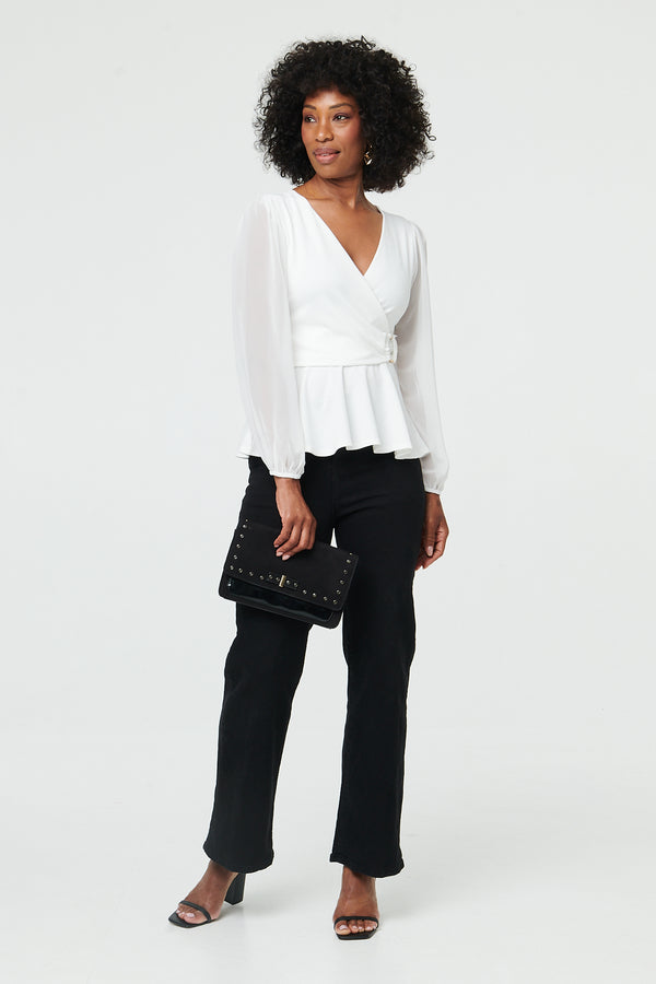 White | Long Sleeve Semi Sheer Wrap Front Top