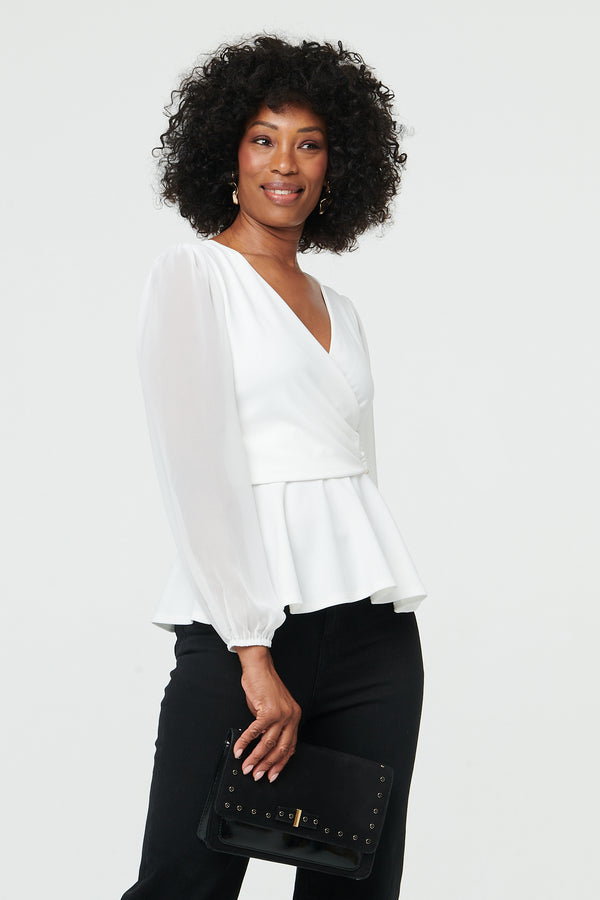 White | Long Sleeve Semi Sheer Wrap Front Top