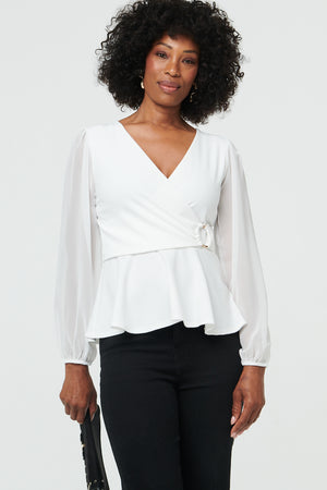 White | Long Sleeve Semi Sheer Wrap Front Top