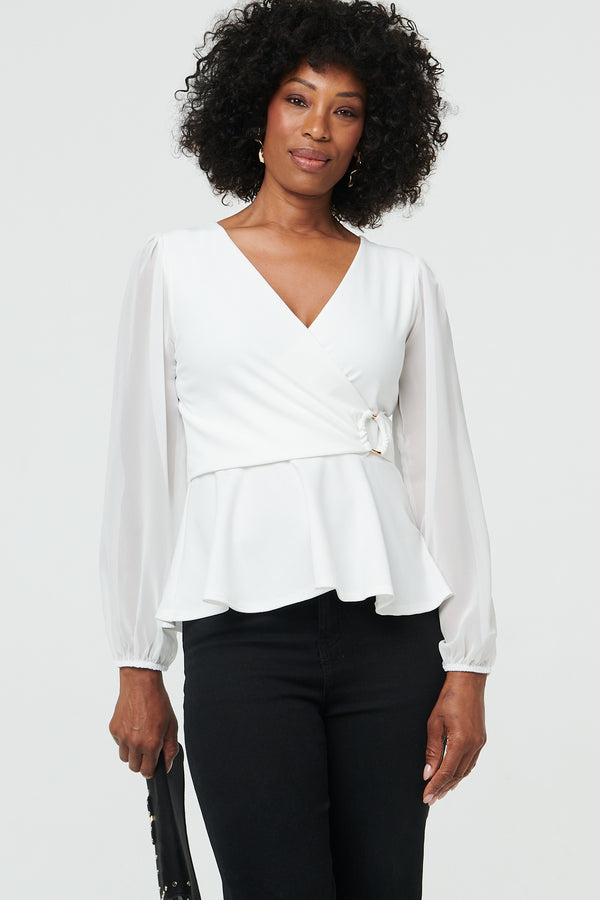 White | Long Sleeve Semi Sheer Wrap Front Top