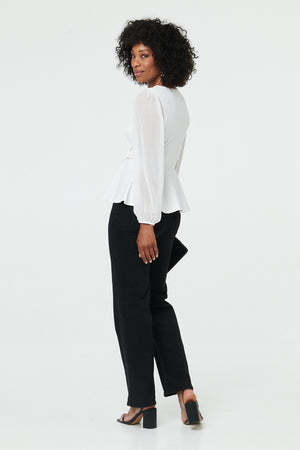 White | Long Sleeve Semi Sheer Wrap Front Top