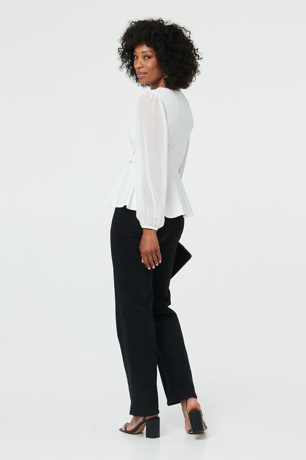 White | Long Sleeve Semi Sheer Wrap Front Top