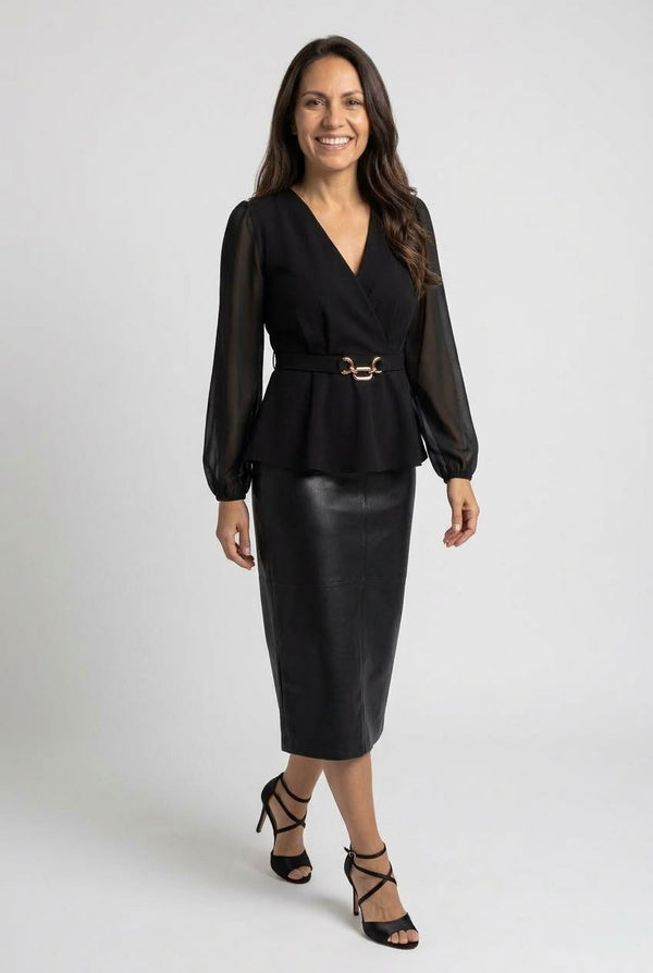 Black | Semi Sheer Balloon Sleeve Peplum Top