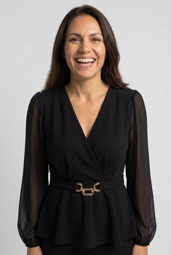 Black | Semi Sheer Balloon Sleeve Peplum Top
