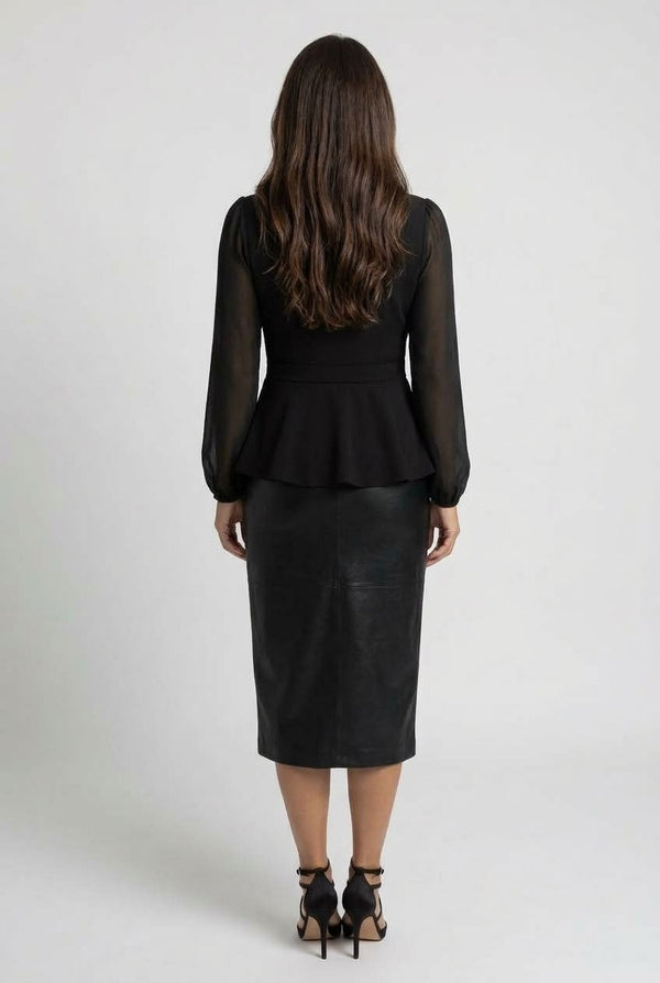 Black | Semi Sheer Balloon Sleeve Peplum Top