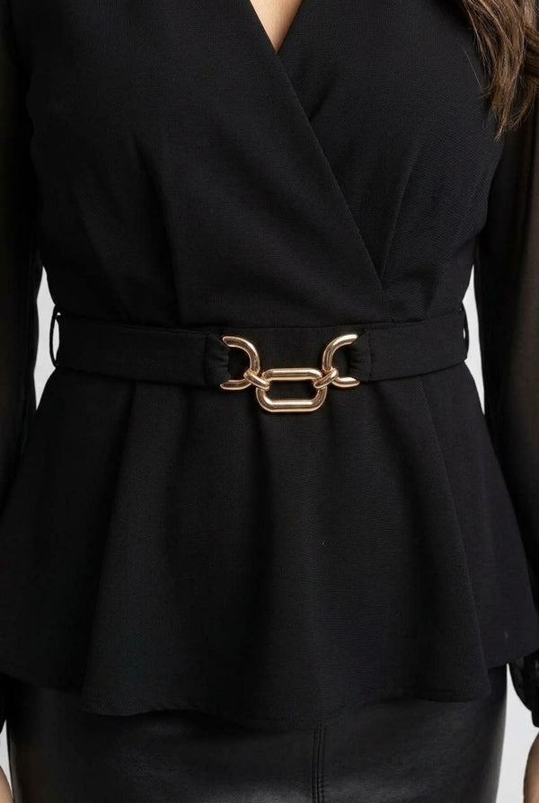 Black | Semi Sheer Balloon Sleeve Peplum Top