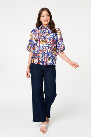 White | Abstract 1/2 Puff Sleeve Boxy Shirt