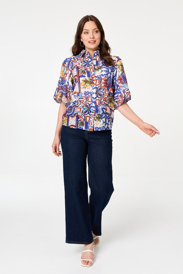 White | Abstract 1/2 Puff Sleeve Boxy Shirt