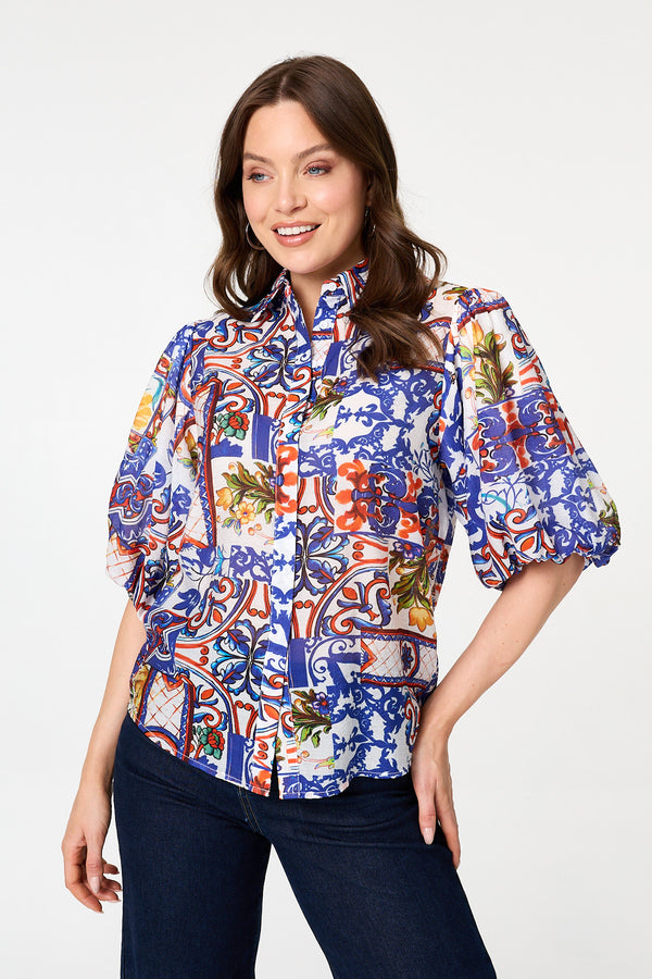 White | Abstract 1/2 Puff Sleeve Boxy Shirt