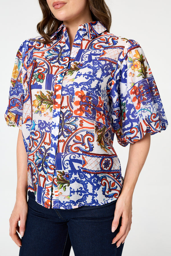 White | Abstract 1/2 Puff Sleeve Boxy Shirt