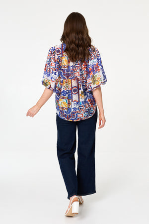 White | Abstract 1/2 Puff Sleeve Boxy Shirt