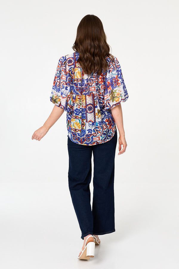 White | Abstract 1/2 Puff Sleeve Boxy Shirt