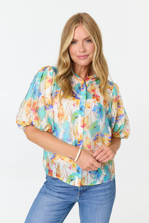 Green | Abstract 1/2 Puff Sleeve Boxy Blouse