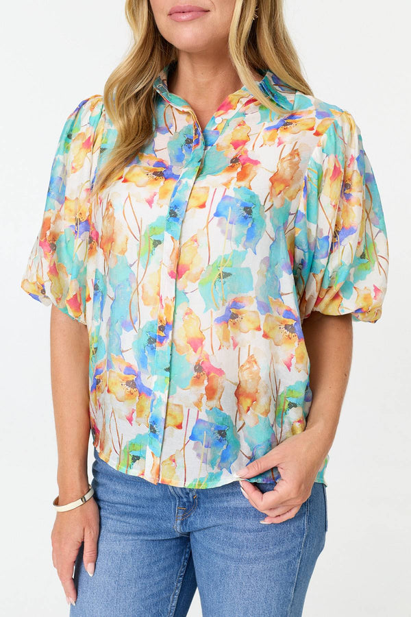 Green | Abstract 1/2 Puff Sleeve Boxy Blouse