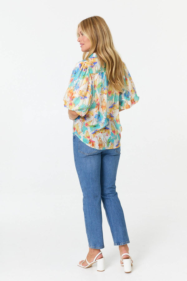 Green | Abstract 1/2 Puff Sleeve Boxy Blouse