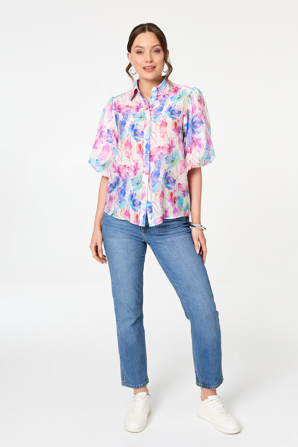 Pink | Abstract 1/2 Puff Sleeve Boxy Blouse