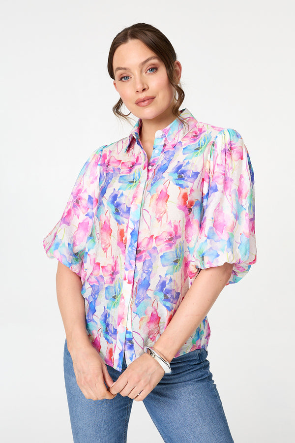 Pink | Abstract 1/2 Puff Sleeve Boxy Blouse