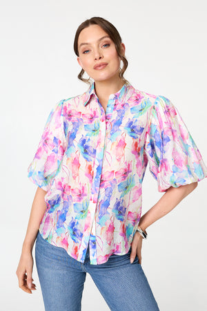 Pink | Abstract 1/2 Puff Sleeve Boxy Blouse