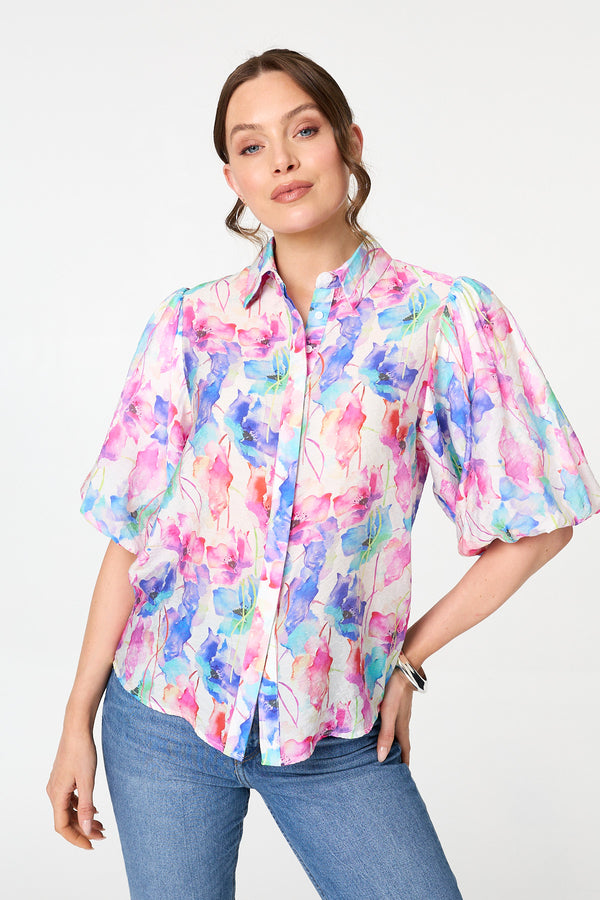 Pink | Abstract 1/2 Puff Sleeve Boxy Blouse
