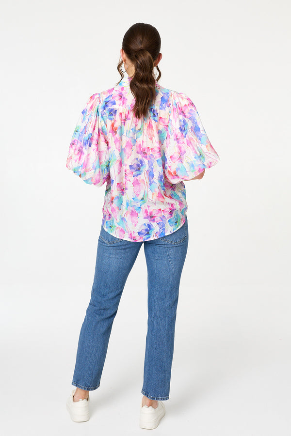 Pink | Abstract 1/2 Puff Sleeve Boxy Blouse