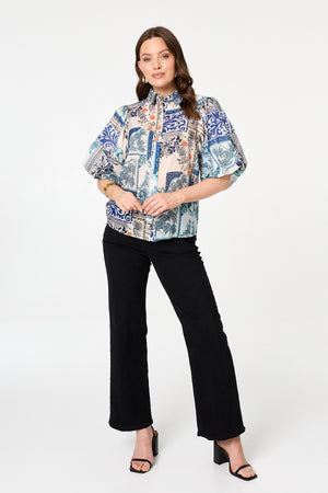 Blue | Patchwork 1/2 Puff Sleeve Boxy Shirt