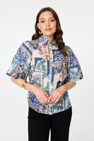 Blue | Patchwork 1/2 Puff Sleeve Boxy Shirt