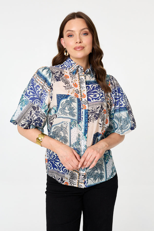 Blue | Patchwork 1/2 Puff Sleeve Boxy Shirt