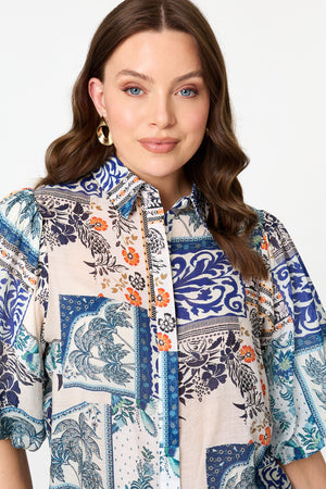 Blue | Patchwork 1/2 Puff Sleeve Boxy Shirt