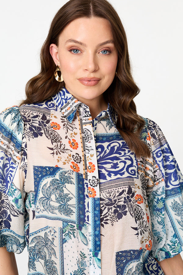 Blue | Patchwork 1/2 Puff Sleeve Boxy Shirt