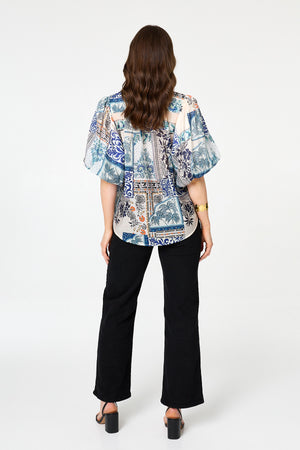 Blue | Patchwork 1/2 Puff Sleeve Boxy Shirt