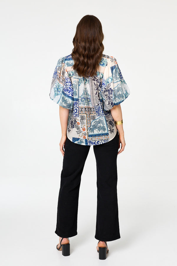 Blue | Patchwork 1/2 Puff Sleeve Boxy Shirt