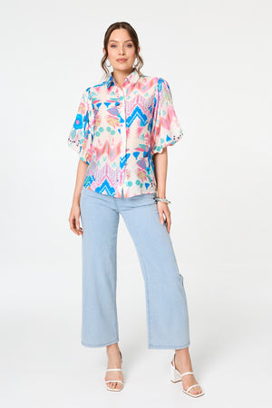 Blue | Abstract 1/2 Puff Sleeve Buttoned Shirt