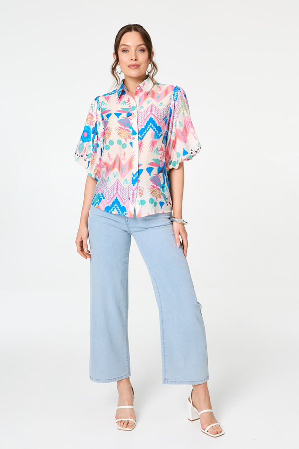 Blue | Abstract 1/2 Puff Sleeve Buttoned Shirt