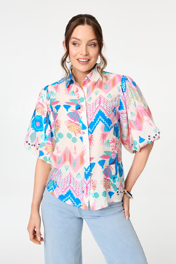 Blue | Abstract 1/2 Puff Sleeve Buttoned Shirt